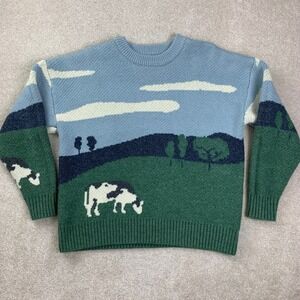 Vamtac Sweater Unisex Small Blue Green Cow Scenic Landscape Knit Crewneck